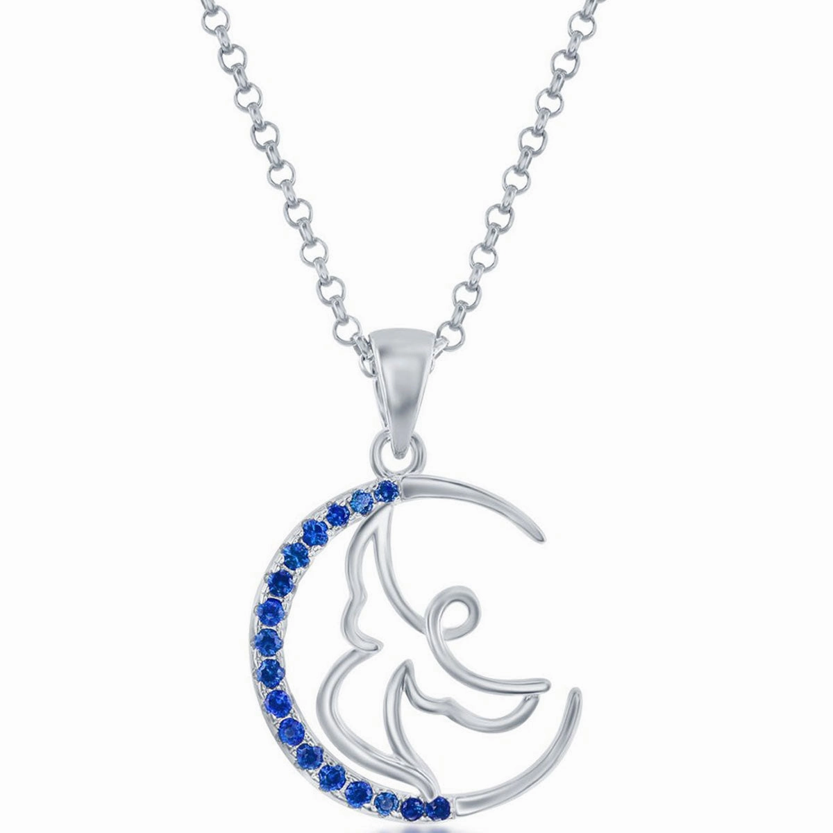 Classic Women's Pendant - Sterling Silver Sapphire CZ Angel Crescent Moon | K-8929