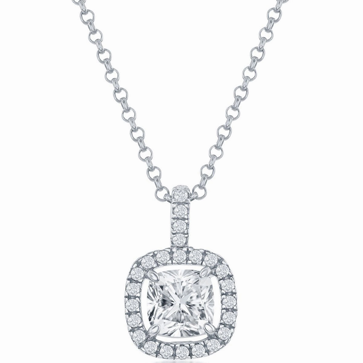 Classic Women's Pendant - Sterling Silver Square White CZ with CZ Border | K-8871