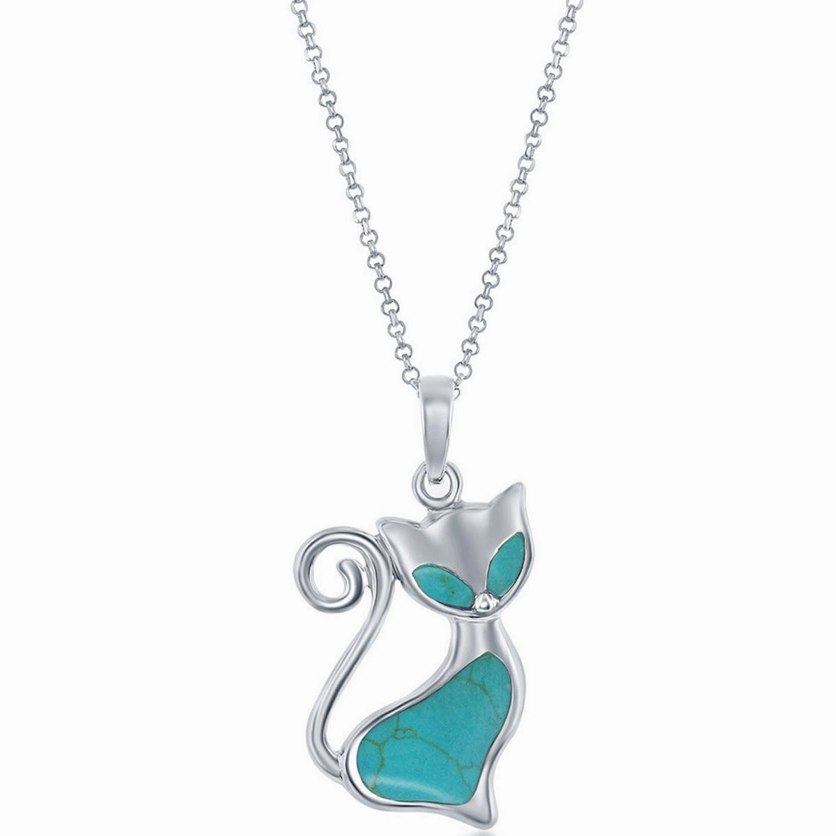 Classic Women's Pendant - Sterling Silver Turquoise Natural Stone Cat Print | K-8796