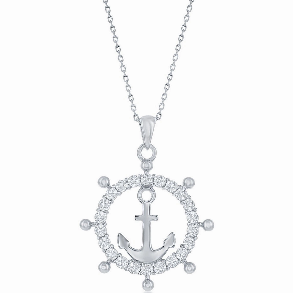 Classic Women's Pendant - Sterling Silver White CZ Anchor Ship Wheel Design | K-8869