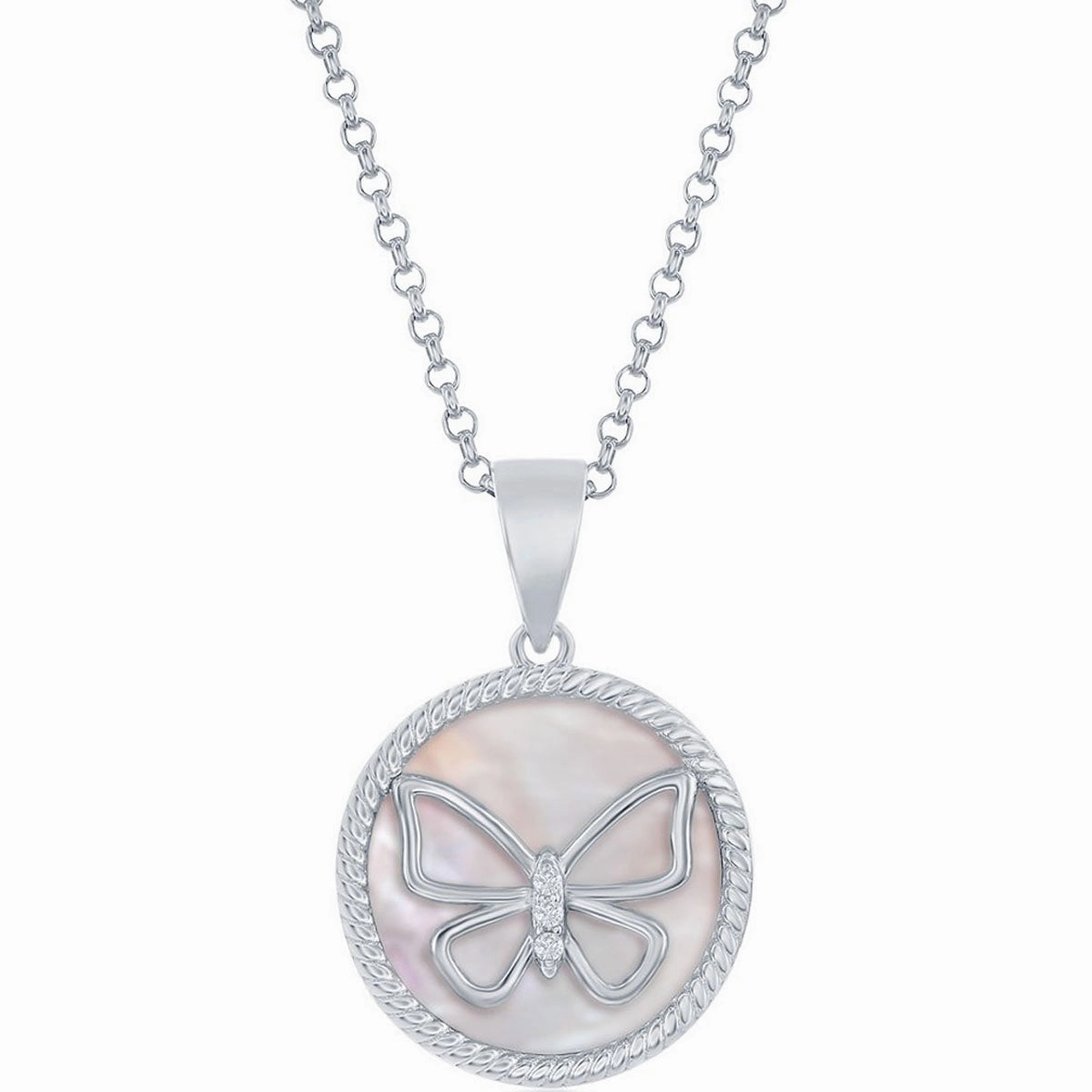 Classic Women's Pendant - Sterling Silver White CZ Butterfly Round Pink MOP | K-8720