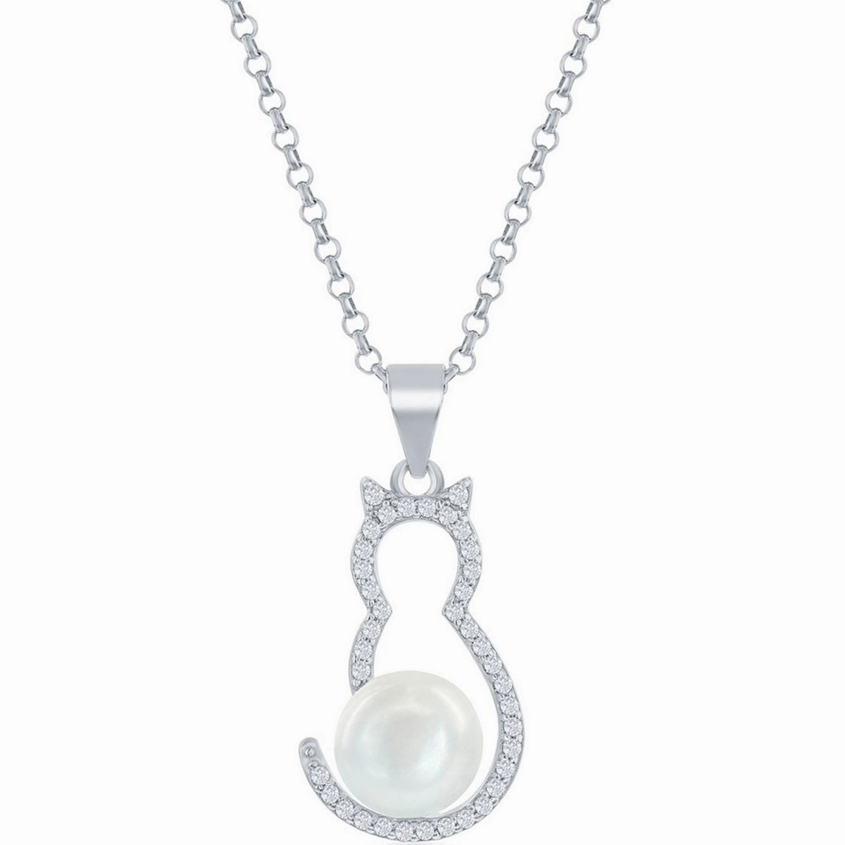 Classic Women's Pendant - Sterling Silver White CZ Cat with Round Pearl | K-8715