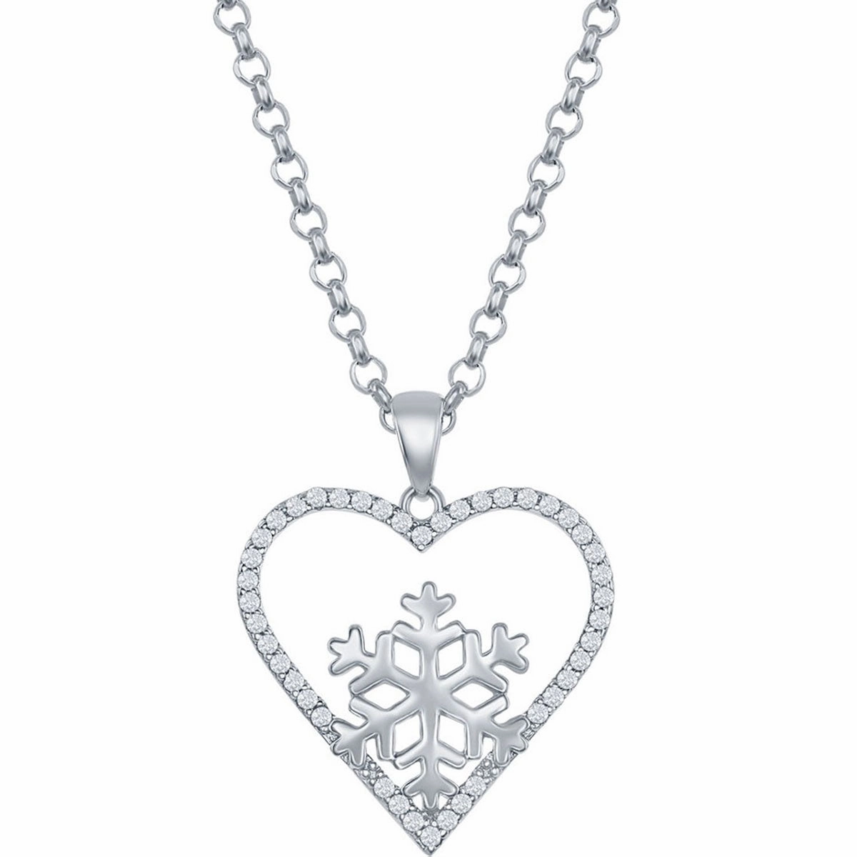 Classic Women's Pendant - Sterling Silver White CZ Heart Snowflake Design | K-8679