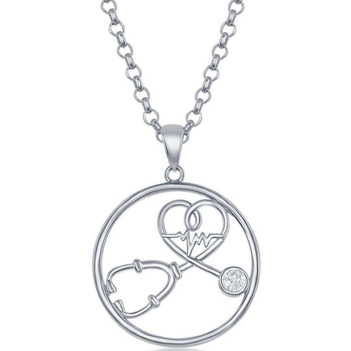 Classic Women's Pendant - Sterling Silver White CZ Stethoscope Heartbeat | K-8678