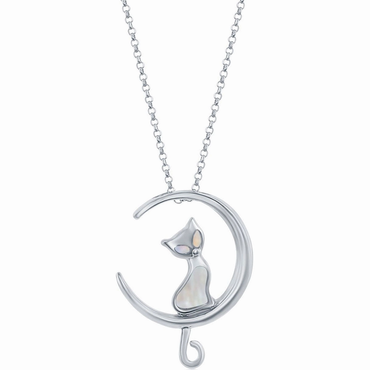 Classic Women's Pendant - Sterling Silver White Mother of Pearl Cat on Moon | K-8791