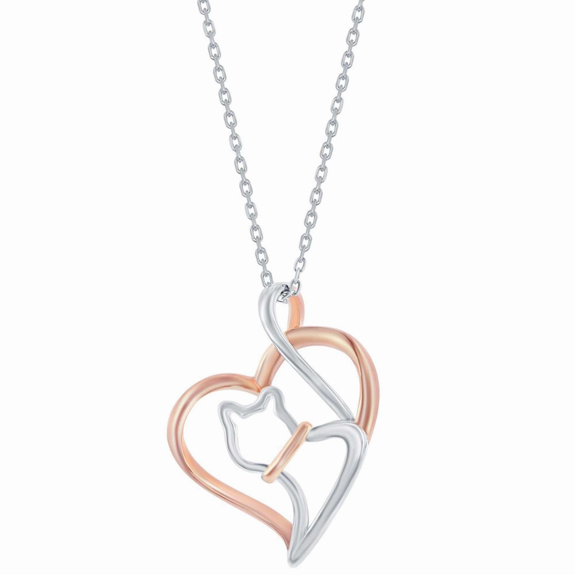 Classic Women's Pendant - Two-Tone Sterling Silver and Rose Gold Heart Cat | J-2784