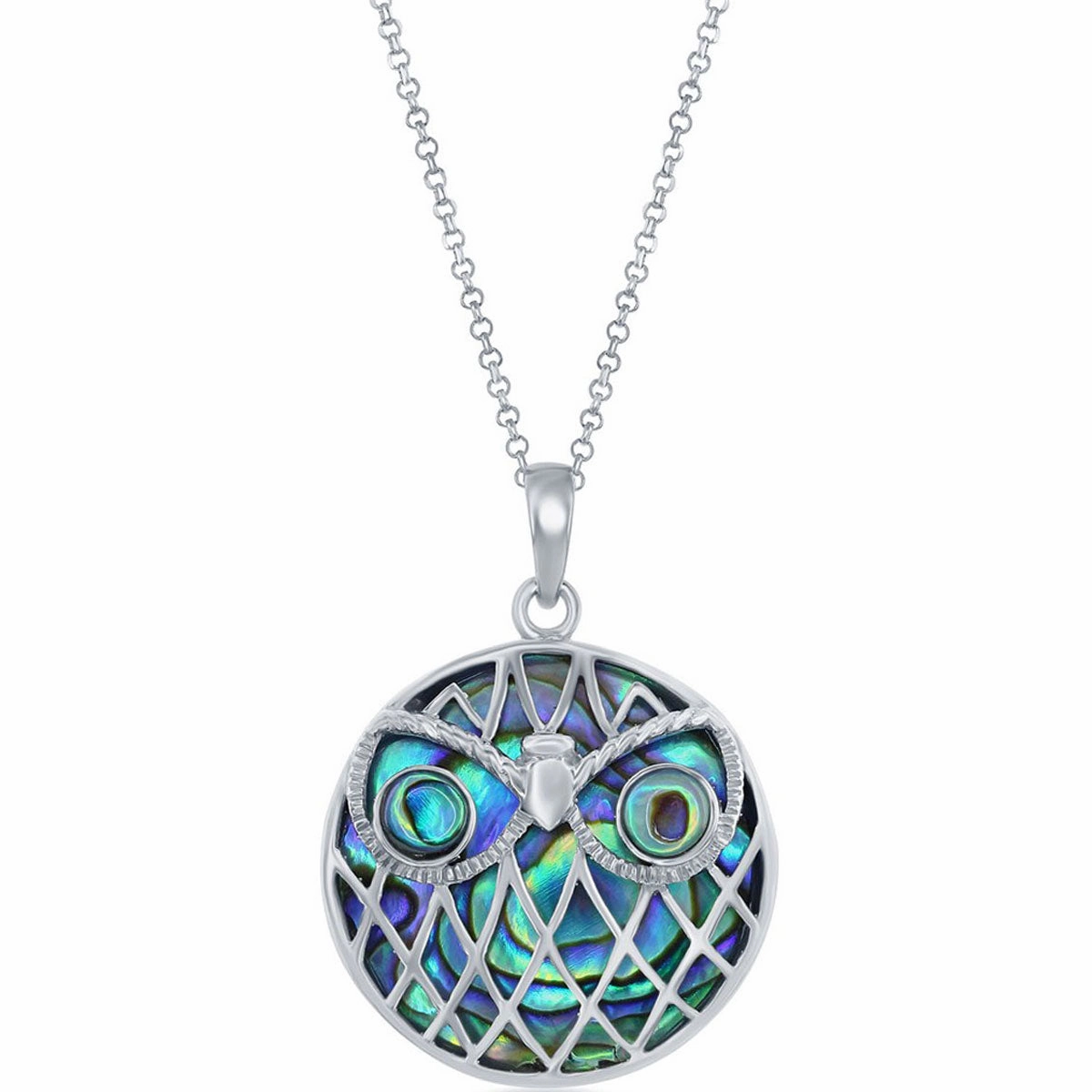 Classic Women's Pendant with Chain - Sterling Silver Abalone Round Owl | K-8734