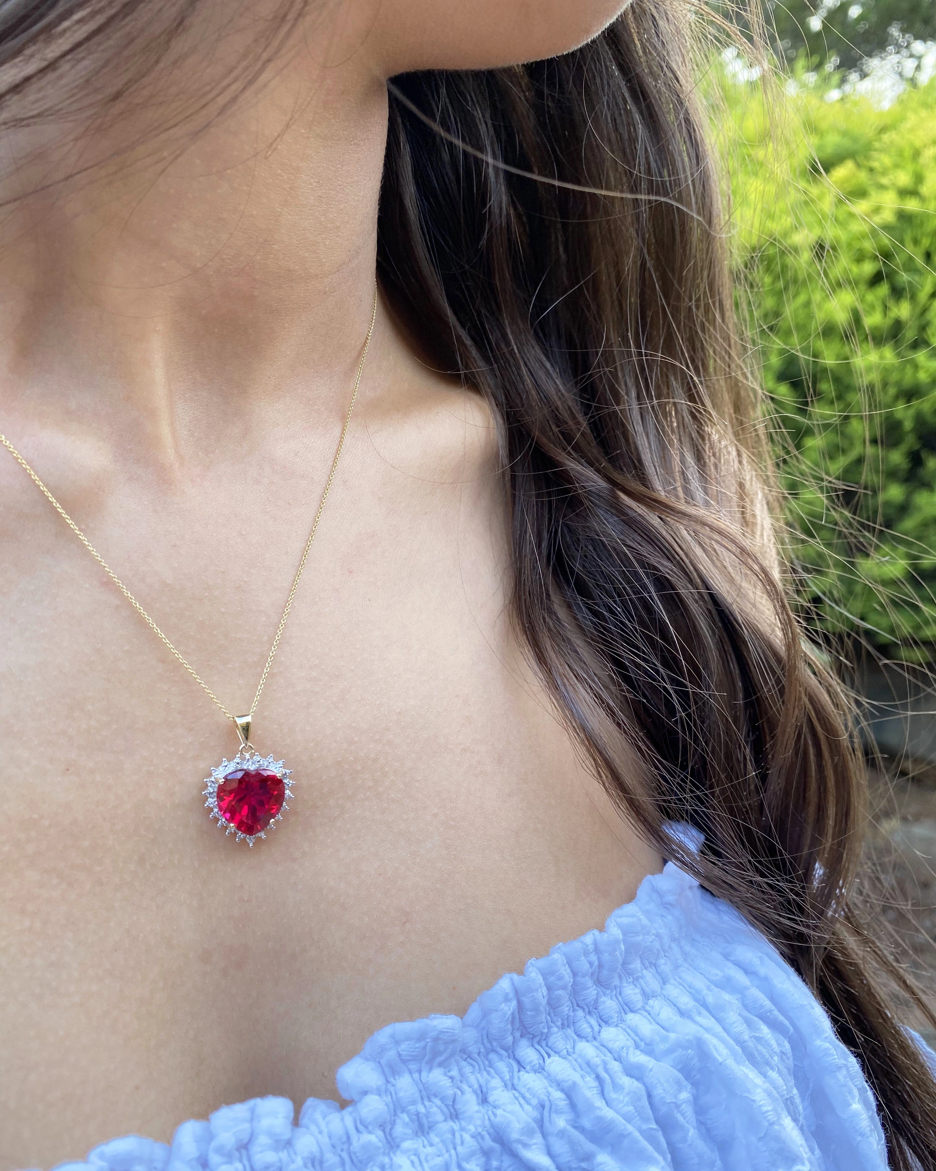 Created Ruby and Diamond Heart Pendant in 9ct Yellow Gold