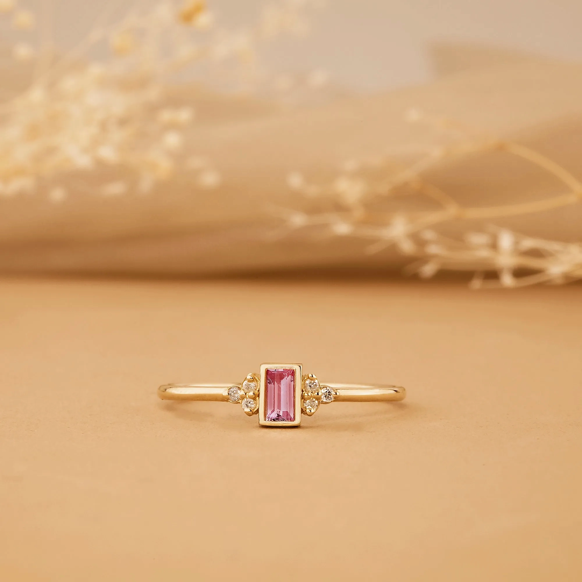 Diamond and Baguette Pink Sapphire Ring, Caresha