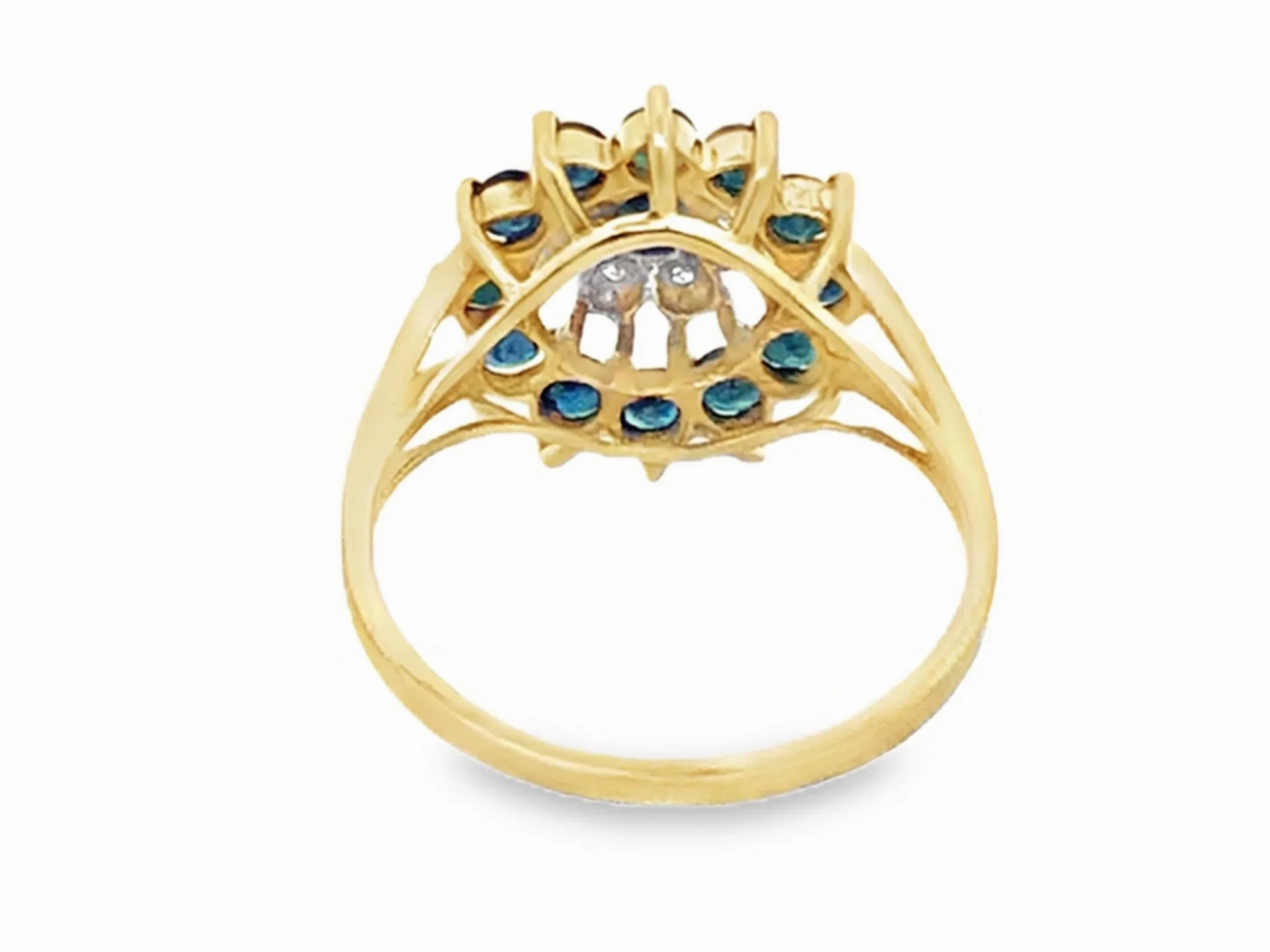 Diamond Halo and Round Sapphire Halo Ring 14k Yellow Gold