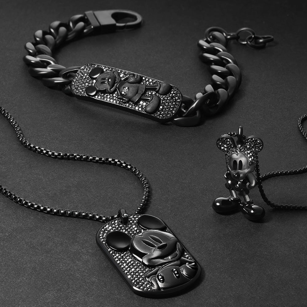 Disney Mickey Mouse Black Plated Stainless Steel 3D Pendant on Chain 100th Disney Anniversary