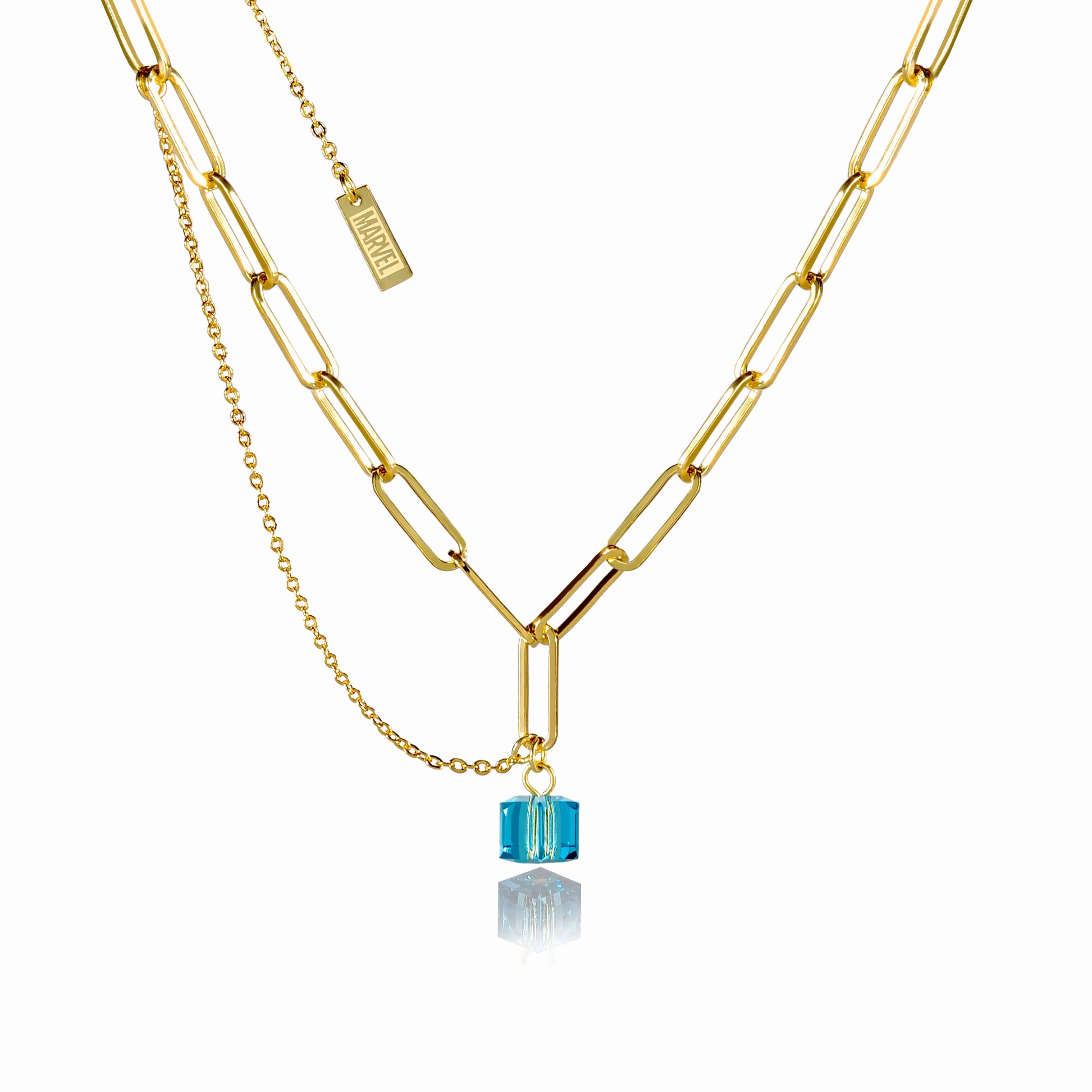 Disney Stainless Steel 14ct Gold Plated Tesseract Blue Crystal Pendant On 45cm Chain
