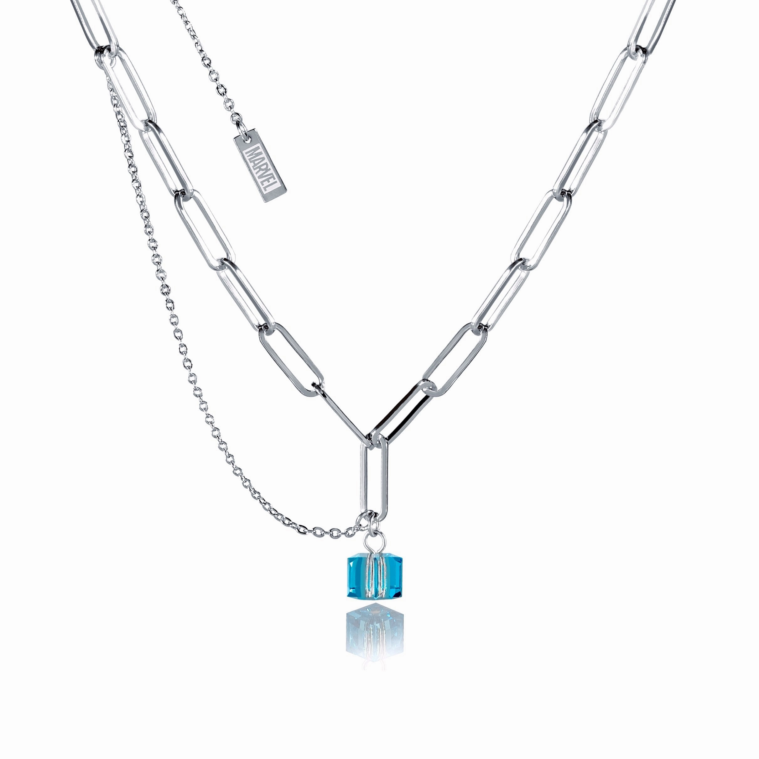 Disney Stainless Steel 14ct White Gold Plated Tesseract Blue Pendant On 45cm Chain