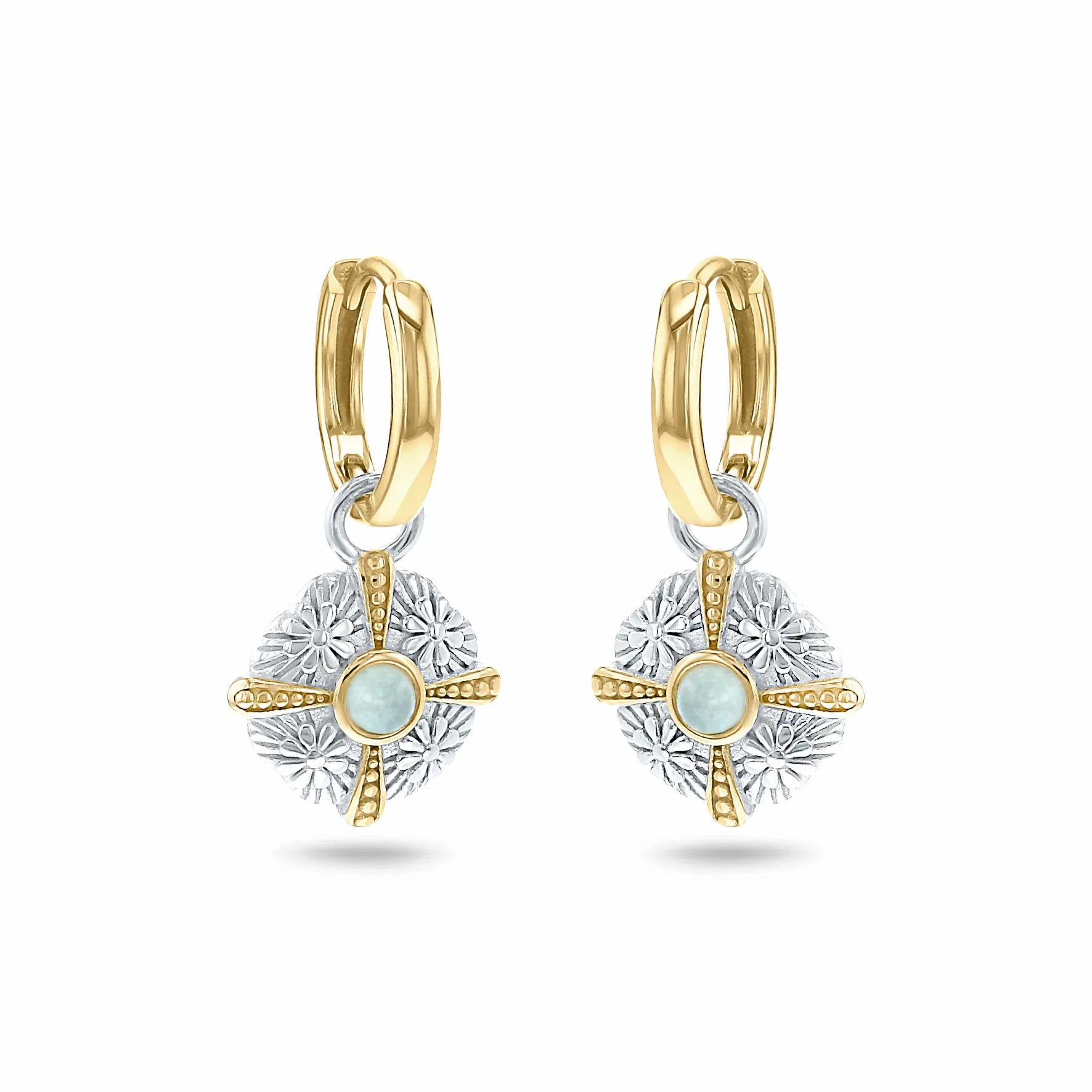 Earrings in 925 Silver plated Silver and 18k Yellow Gold assembled with Green Quartz