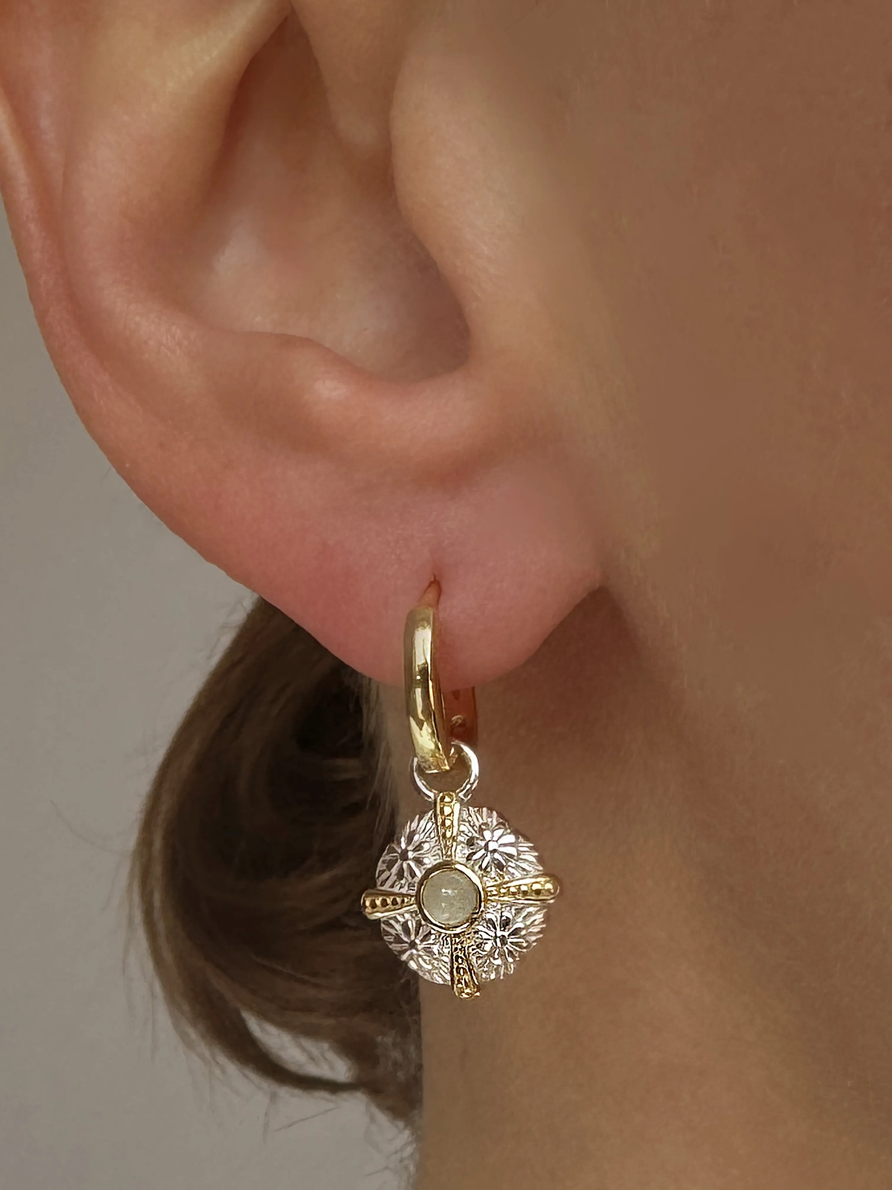 Earrings in 925 Silver plated Silver and 18k Yellow Gold assembled with Green Quartz
