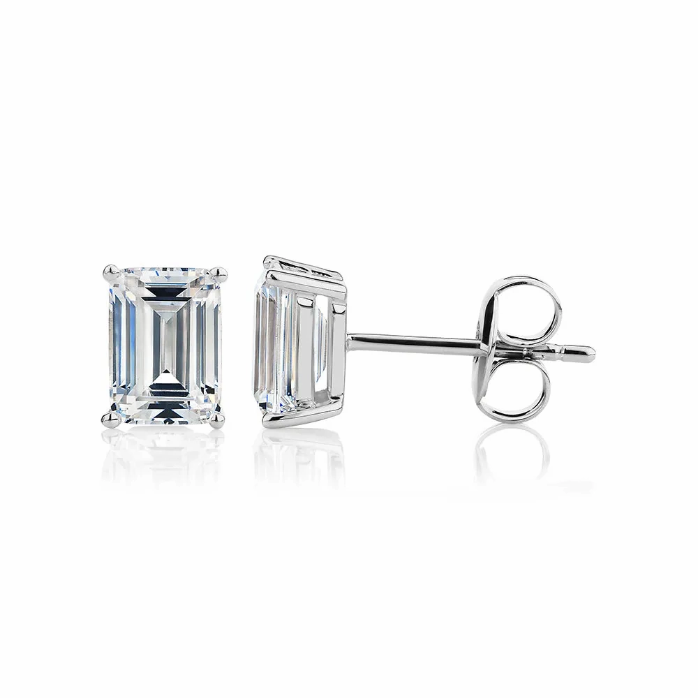 Emerald Cut stud earrings with 2 carats* of diamond simulants in 10 carat white gold