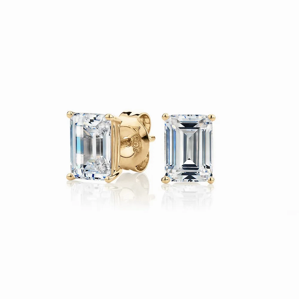 Emerald Cut stud earrings with 2 carats* of diamond simulants in 10 carat yellow gold