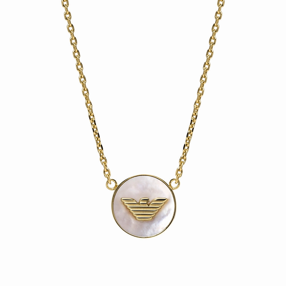 Emporio Armani Gold Plated Brass Mother Of Pearl Eagle Logo Pendant On Chain