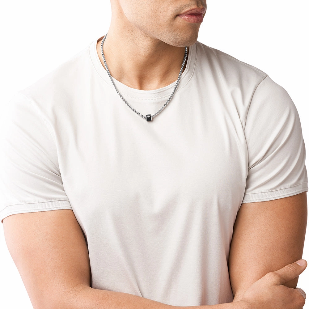 Emporio Armani Stainless Steel Black Marble Pendant On Chain