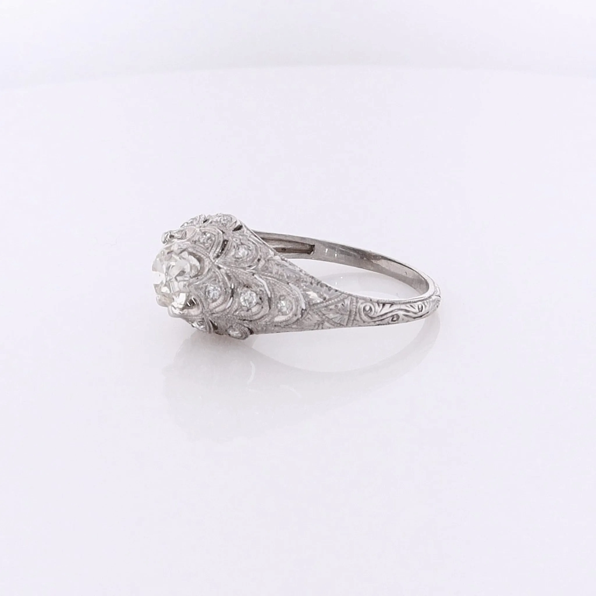 Estate Platinum Fish Scale Design Engraved and Milgrain Diamond Ring