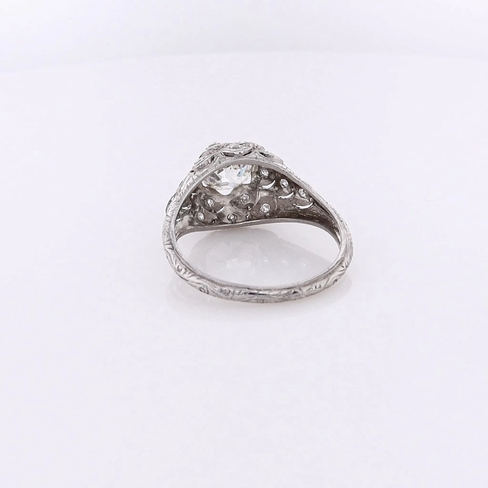 Estate Platinum Fish Scale Design Engraved and Milgrain Diamond Ring