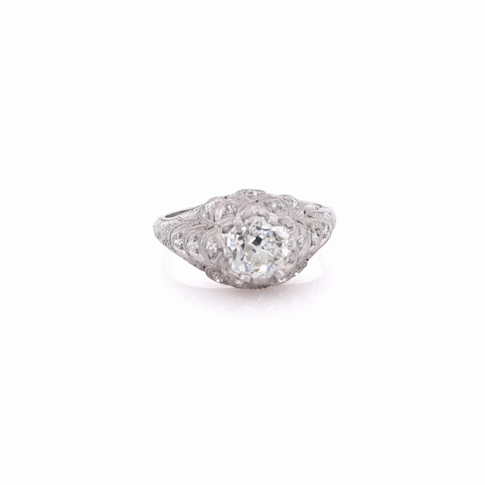 Estate Platinum Fish Scale Design Engraved and Milgrain Diamond Ring