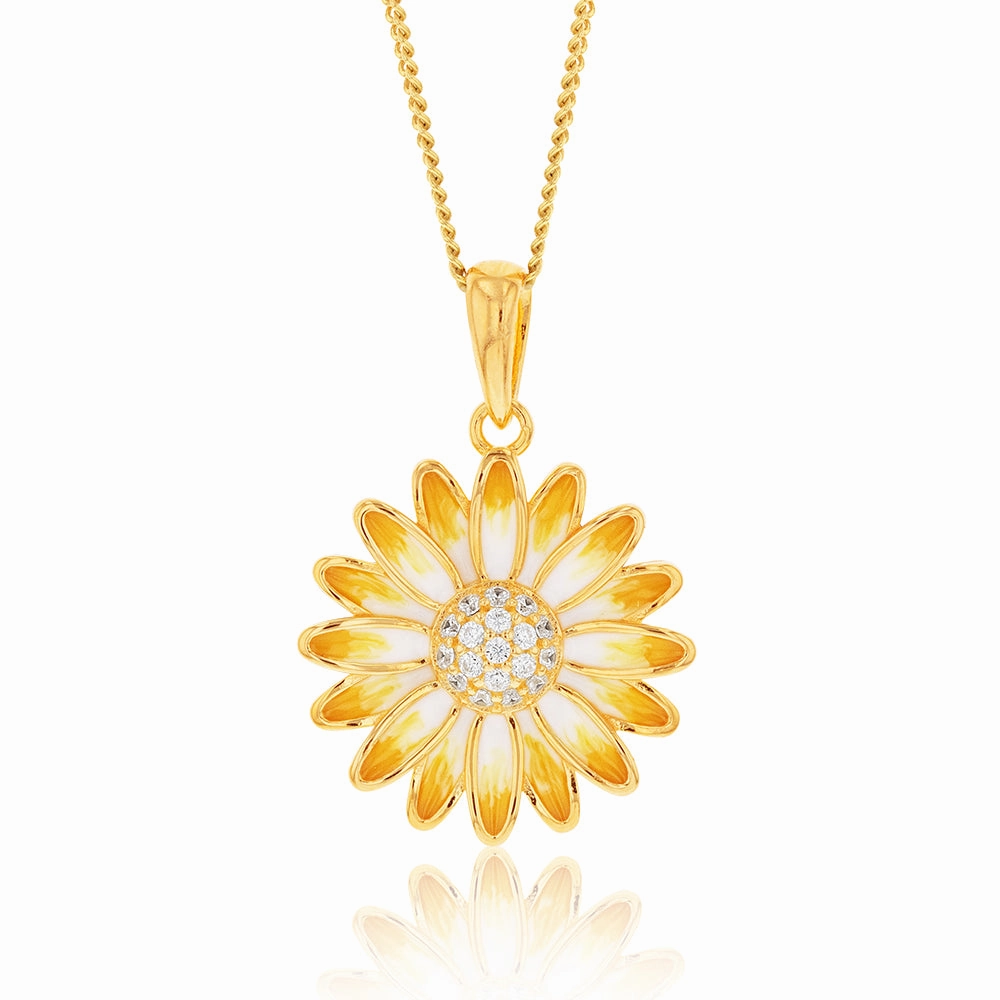 Gold Plated Sterling Silver And Enamel Sunflower Pendant