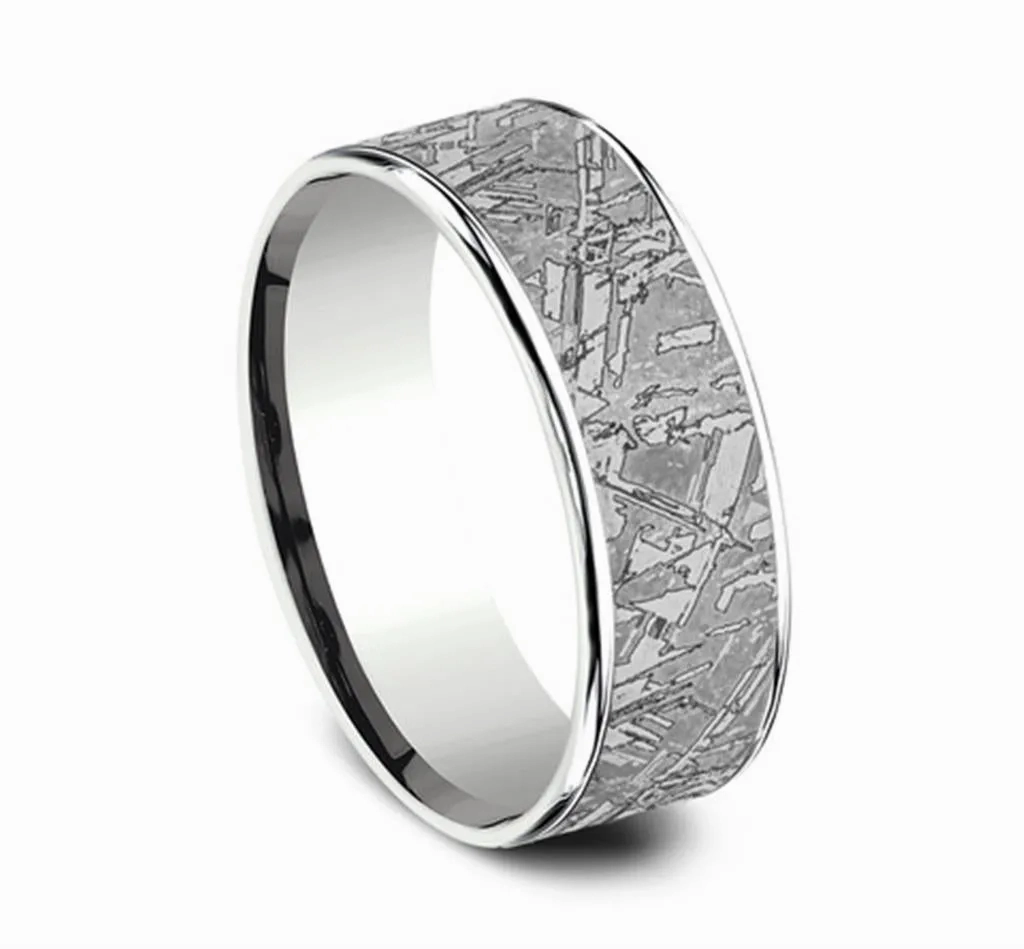 Gray Tantalum And 14K White Gold ??The Gibeon?? Meteorite Patterned 7.5mm Wedding Band
