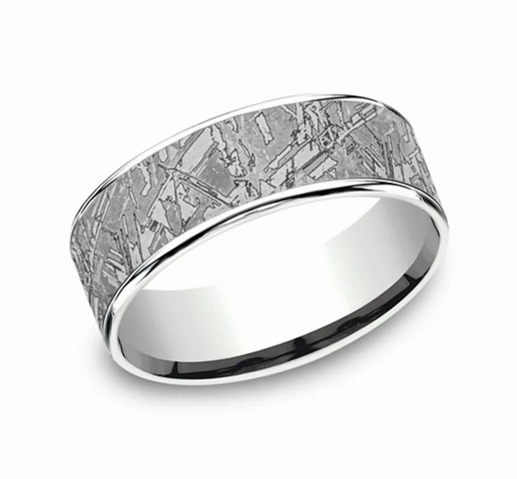 Gray Tantalum And 14K White Gold ??The Gibeon?? Meteorite Patterned 7.5mm Wedding Band
