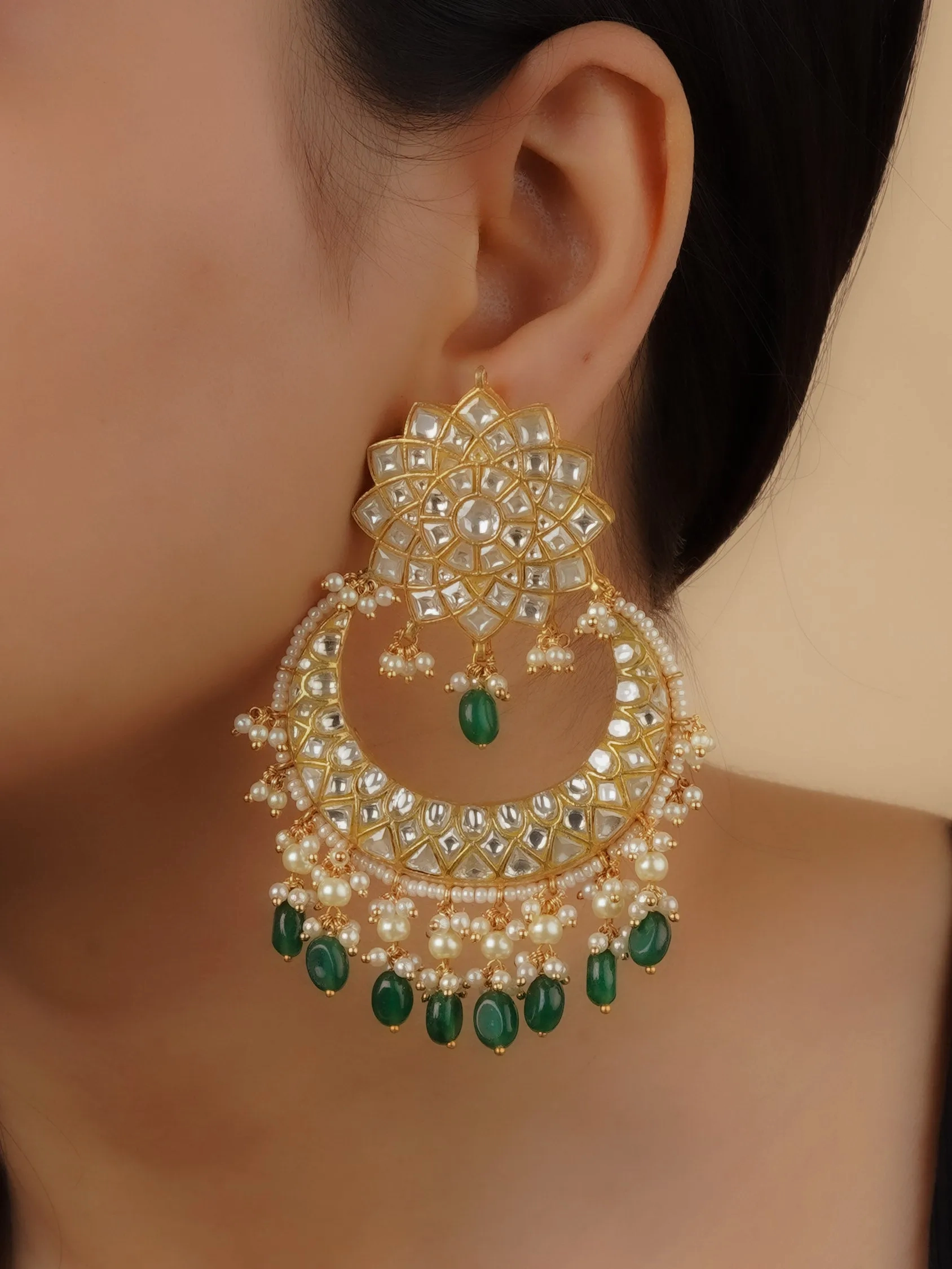 Green Color Gold Plated Thappa Jadau Kundan Earrings - TJ-E11