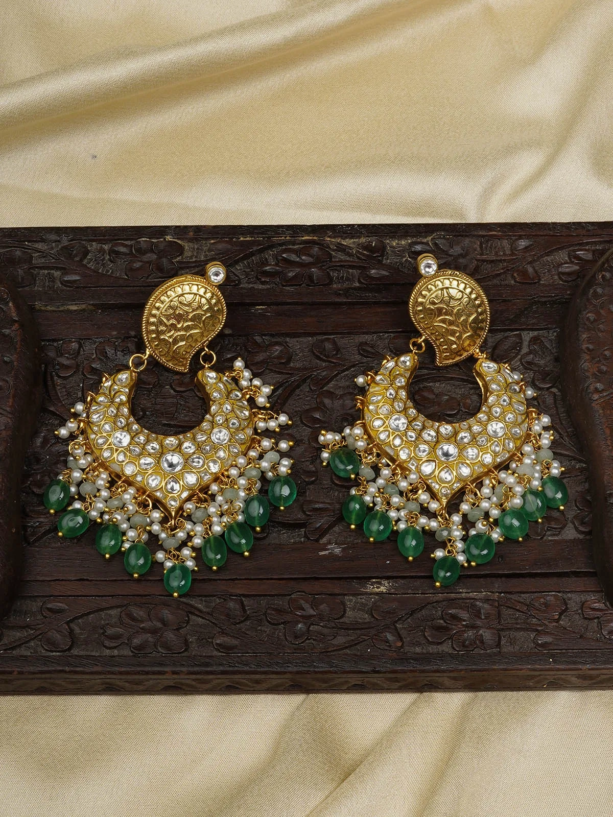 Green Color Gold Plated Thappa Jadau Kundan Earrings - TJ-E99