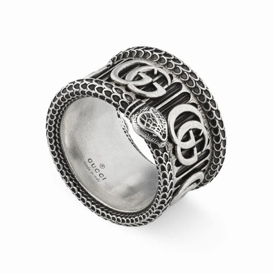 Gucci GG Marmont Aged Sterling Silver Double G Snake Motif Ring D