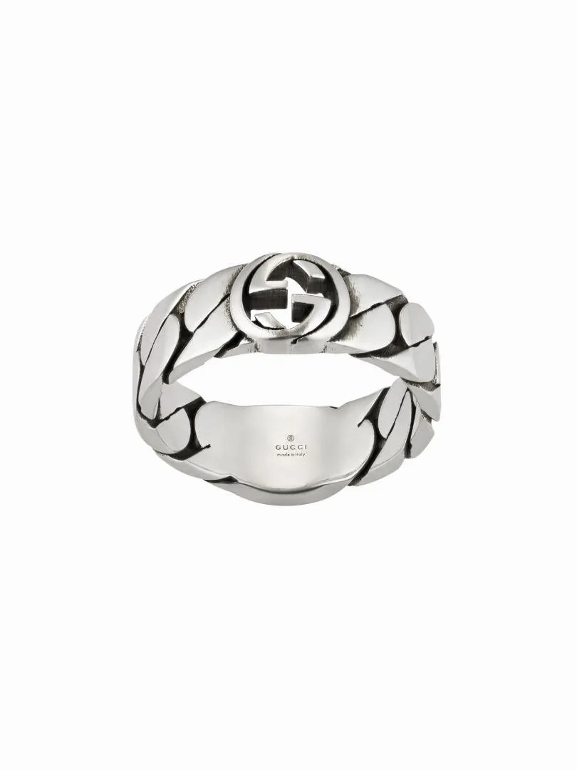 Gucci Interlocking Sterling Silver Black Enamel Wide Band Ring D