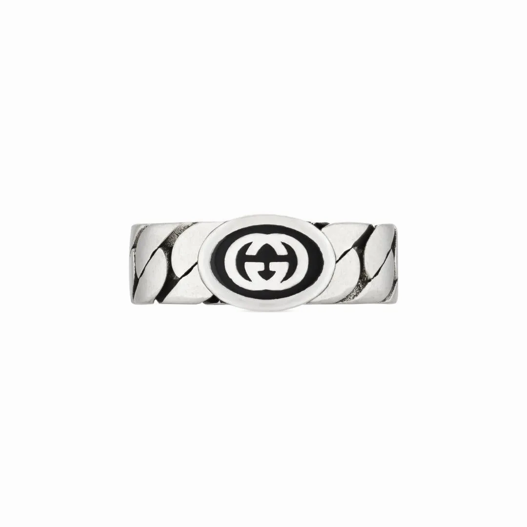 Gucci Interlocking Sterling Silver Black Enamel Wide Band Ring D