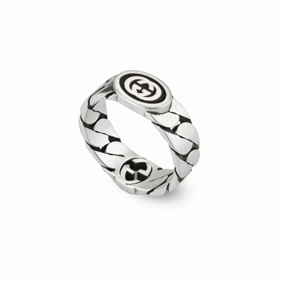Gucci Interlocking Sterling Silver Black Enamel Wide Band Ring D