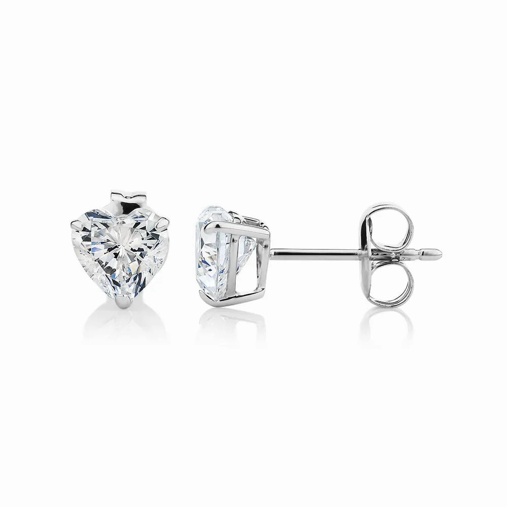 Heart stud earrings with 2 carats* of diamond simulants in 10 carat white gold