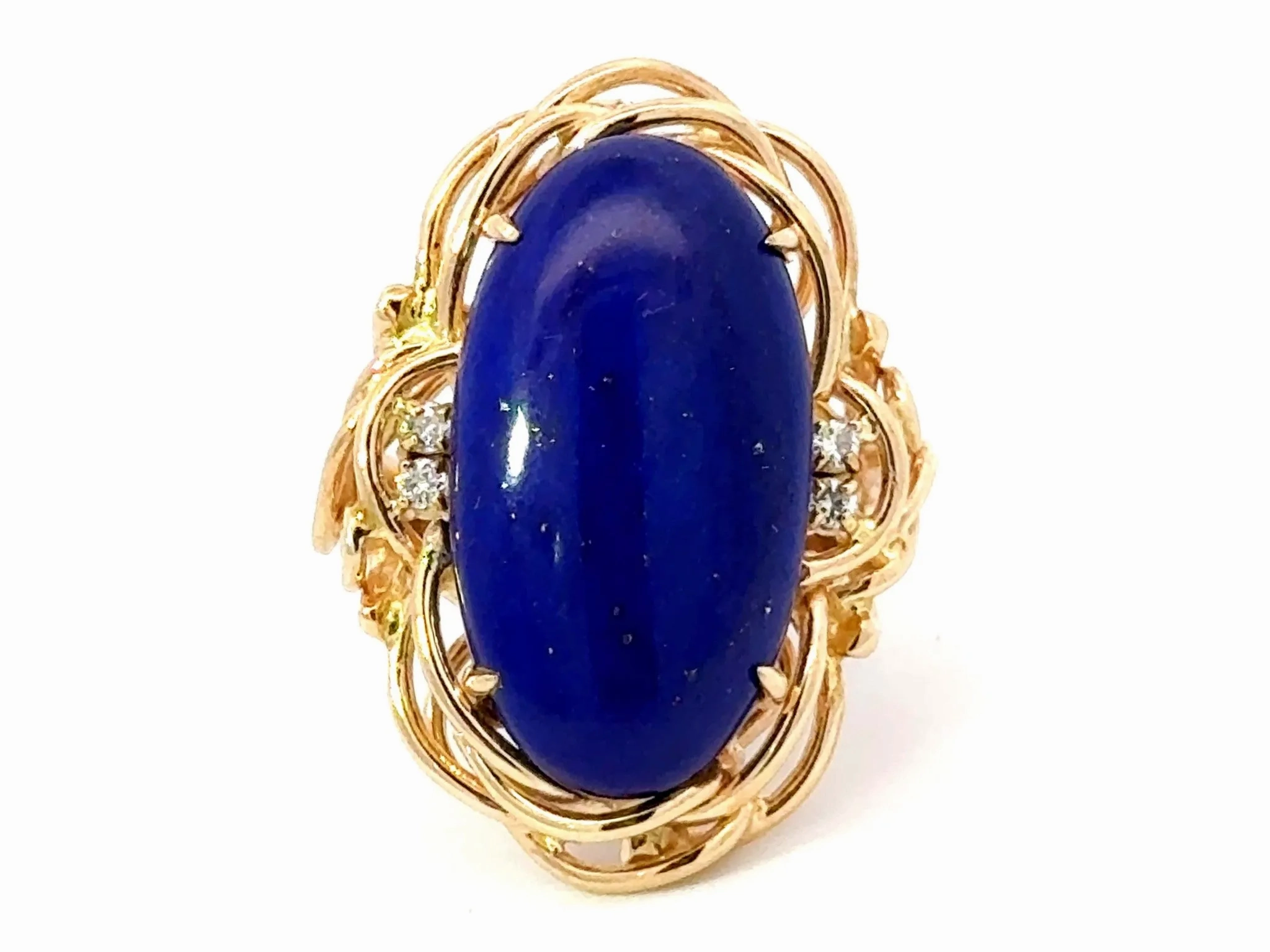 Large Lapis Lazuli Diamond Cocktail Ring 14k Yellow Gold