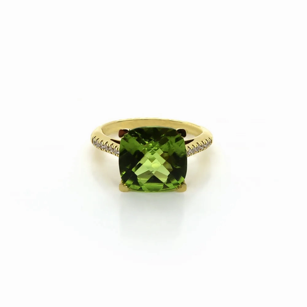 Lisa Nik 18k Yellow Gold Cushion Peridot and Diamond Ring