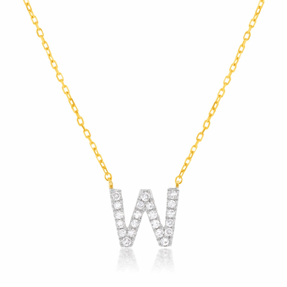 Luminesce Lab Diamond W Initial Pendant in 9ct Yellow Gold with Adjustable 45cm Chain
