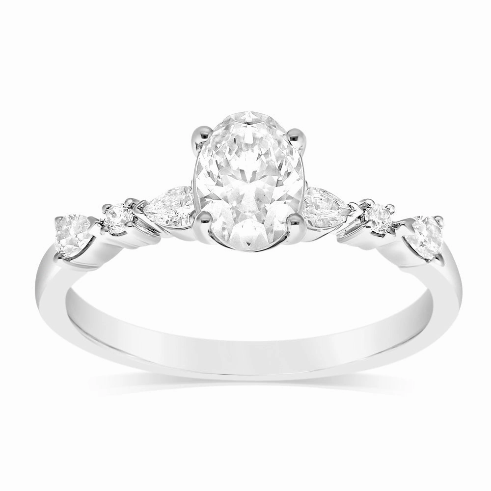 Luminesce Lab Grown 14ct White Gold 1 Carat Diamond Solitaire Fancy Ring with 0.70 Carat Central Oval Diamond