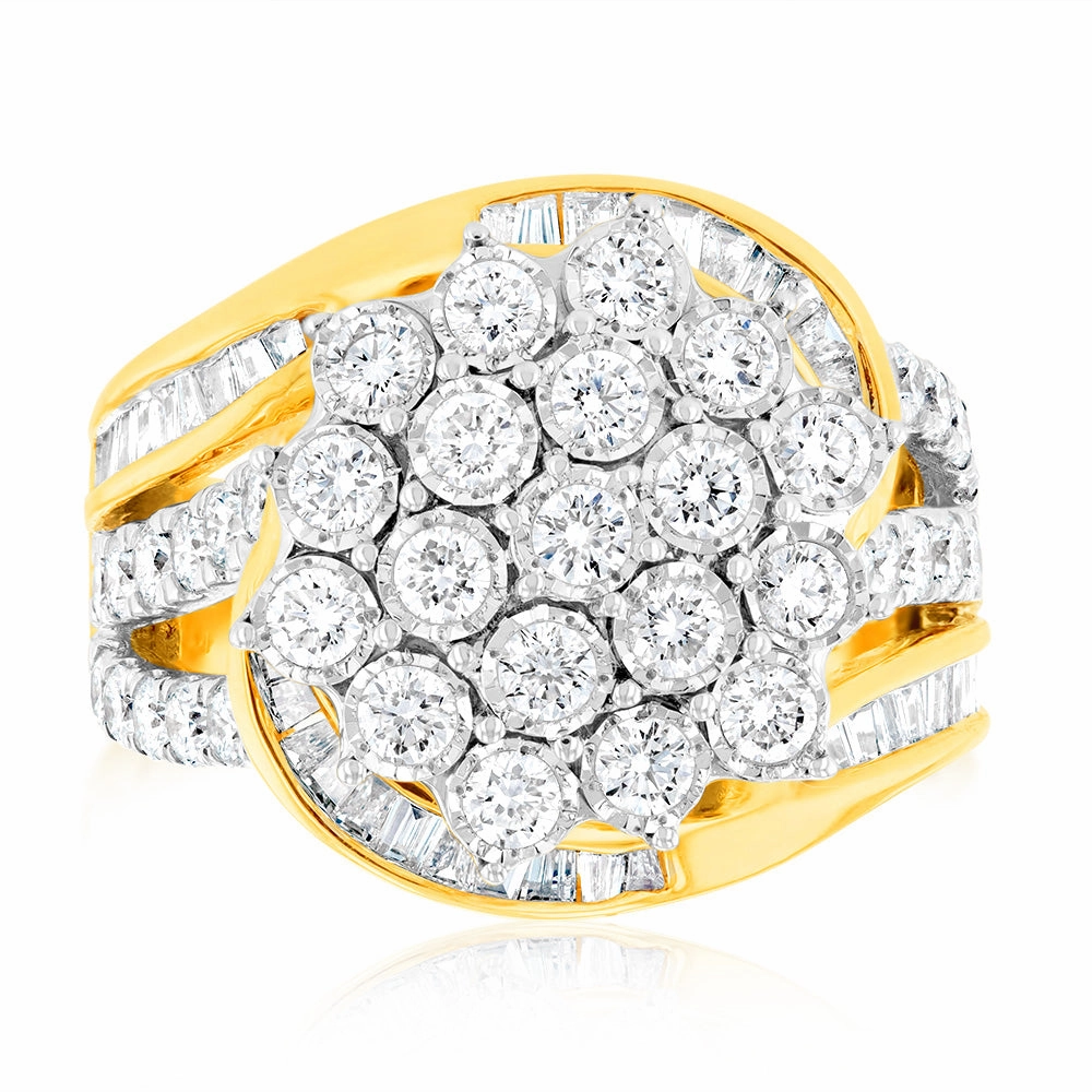 Luminesce Lab Grown 2 Carat Cluster Shaped Diamond Engagement Ring in 9ct Yellow Gold
