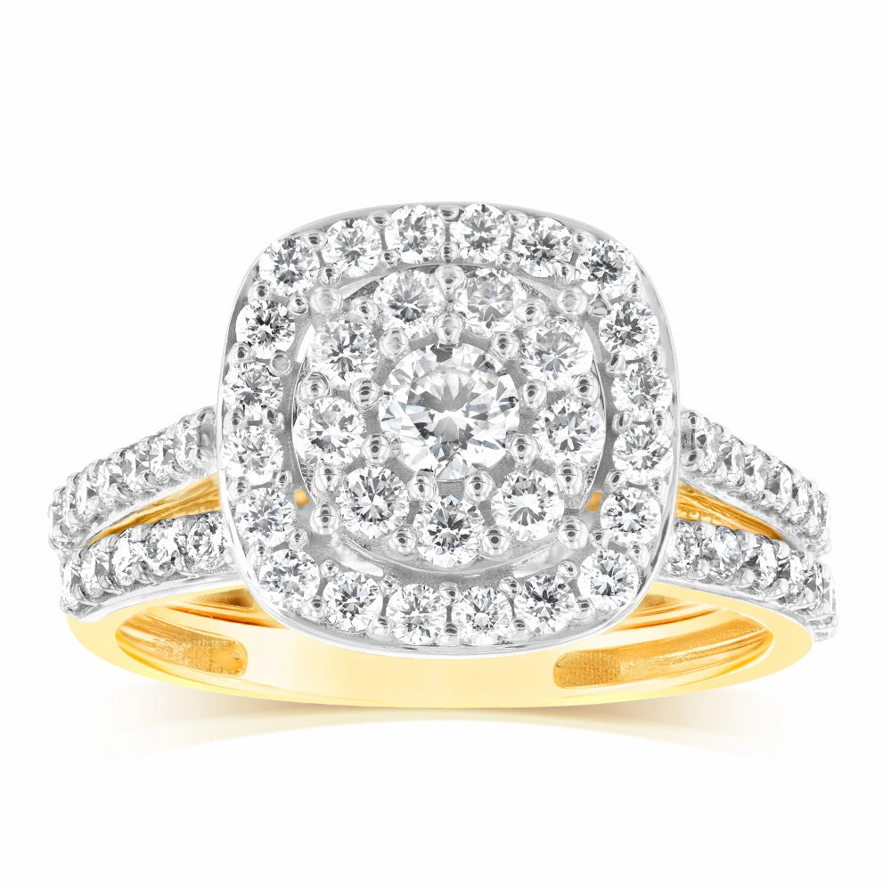 Luminesce Lab Grown 9ct Yellow Gold 1.2 Carat Diamond Cushion Shaped Bridal Ring Set