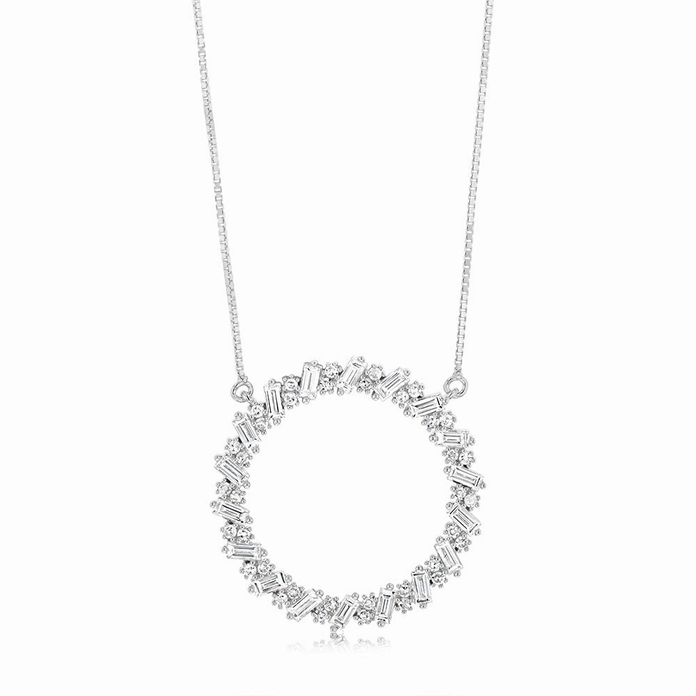 Luminesce Lab Grown Sterling Silver 1 Carat Circle Pendant with Round & Baguette Diamonds on Chain