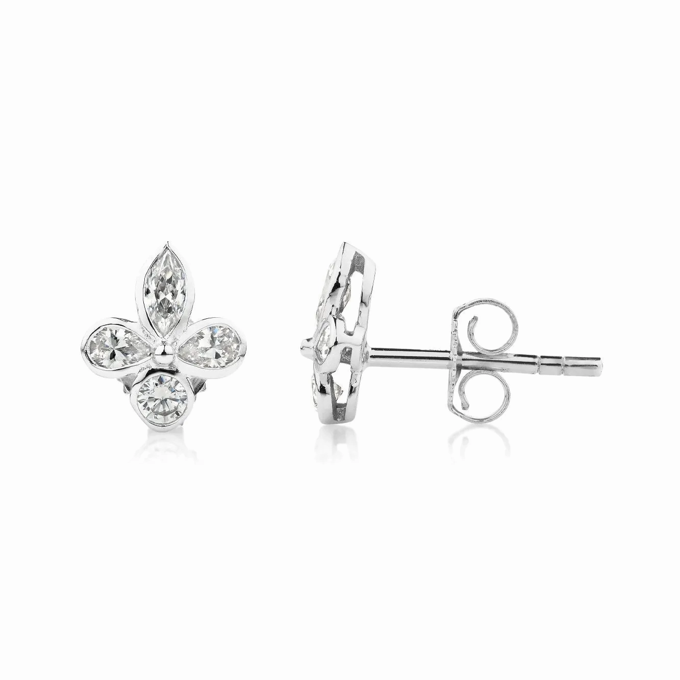Marquise, Pear and Round Brilliant stud earrings with 0.8 carats* of diamond simulants in 10 carat white gold