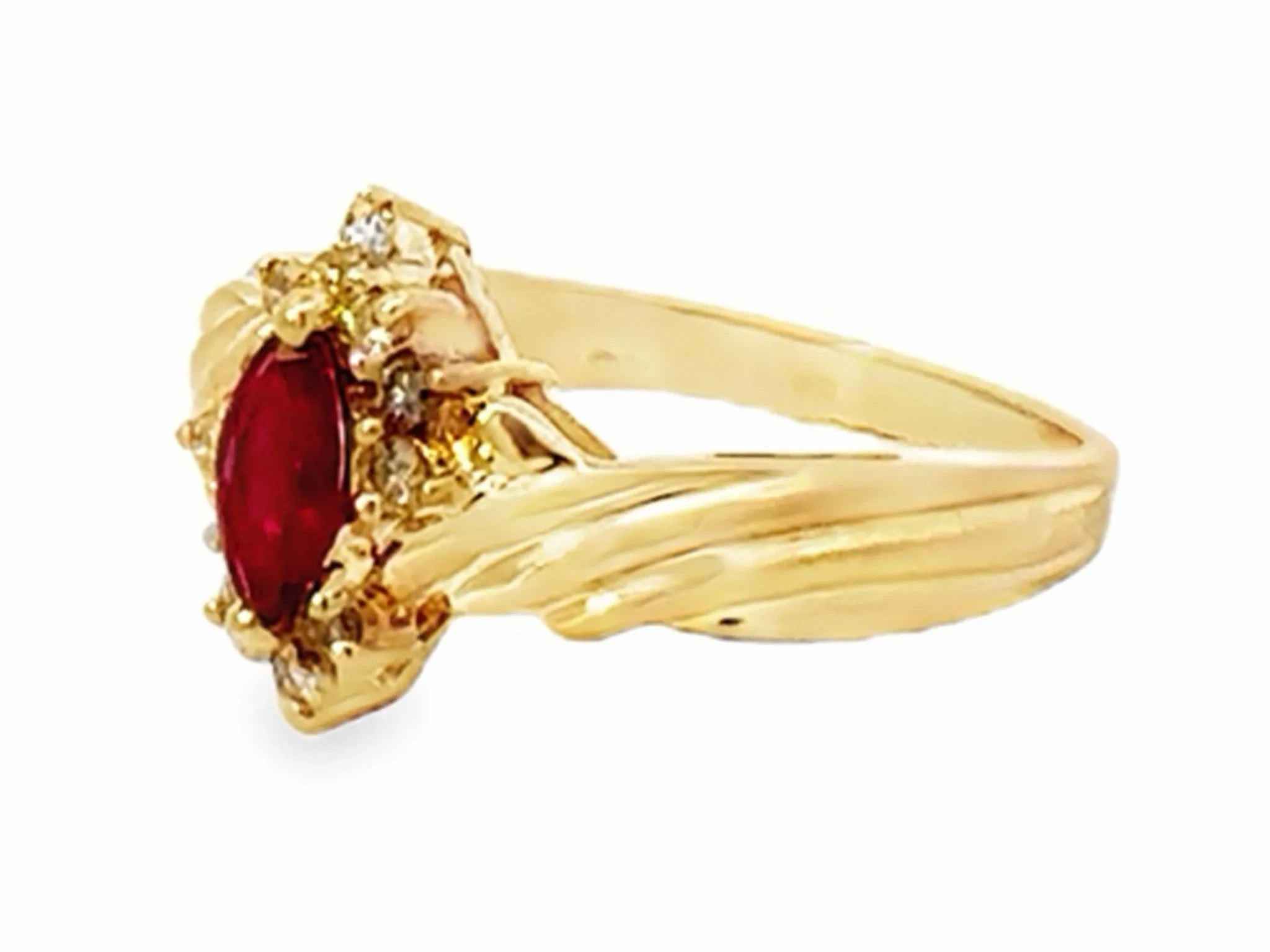 Marquise Red Ruby and Diamond Ring 14k Yellow Gold