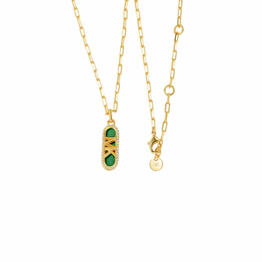 Michael Kors 14ct Yellow Gold Plated Brass Malachite Acetate Dog Tag Pendant with Chain
