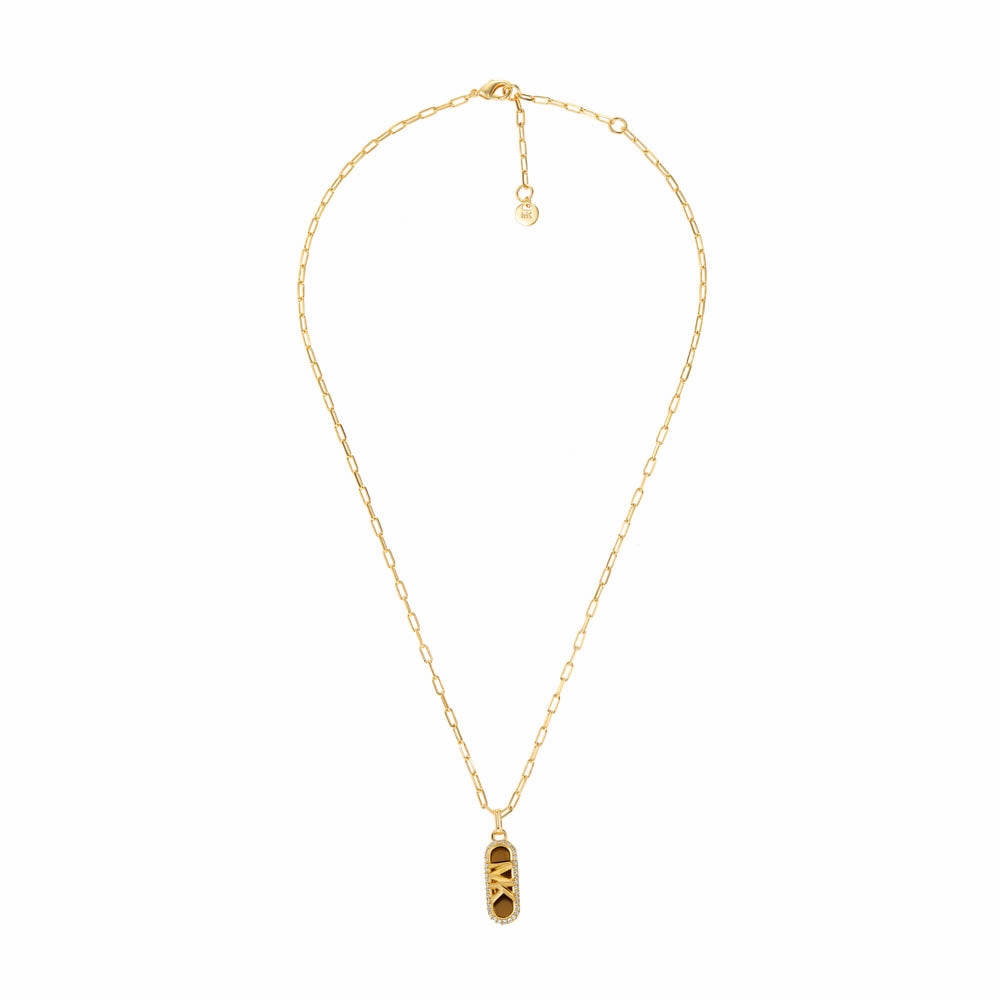 Michael Kors 14ct Yellow Gold Plated Brass Tiger's Eye Dog Tag Pendant with Chain