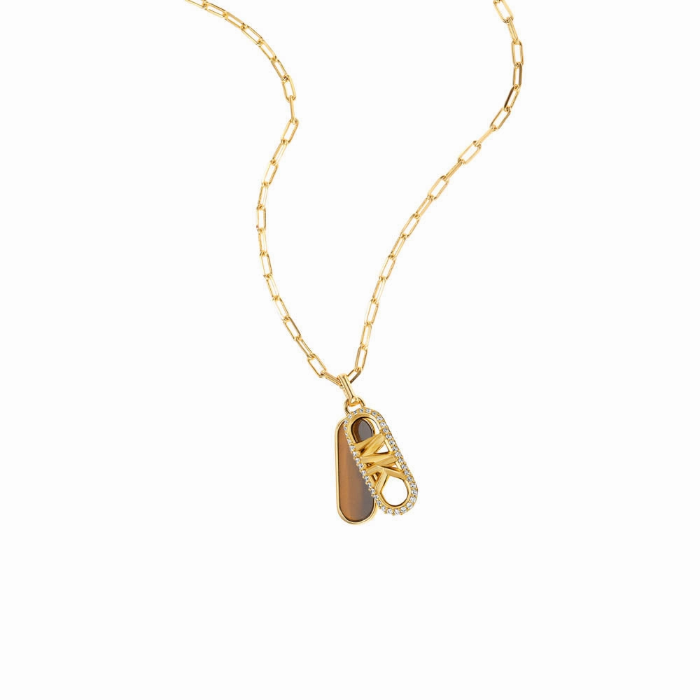 Michael Kors 14ct Yellow Gold Plated Brass Tiger's Eye Dog Tag Pendant with Chain