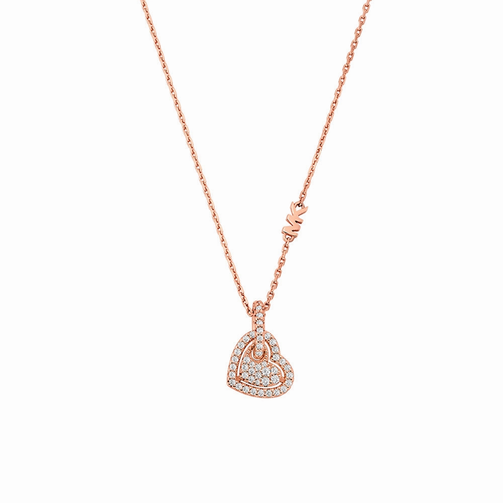 Michael Kors Rose Gold Plated Sterling Silver Pave Heart Pendant On Chain