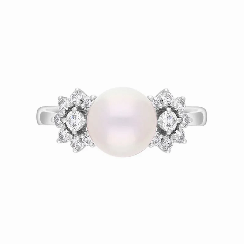 Mikimoto 18ct White Gold Diamond 8.5mm White Akoya Pearl Ring
